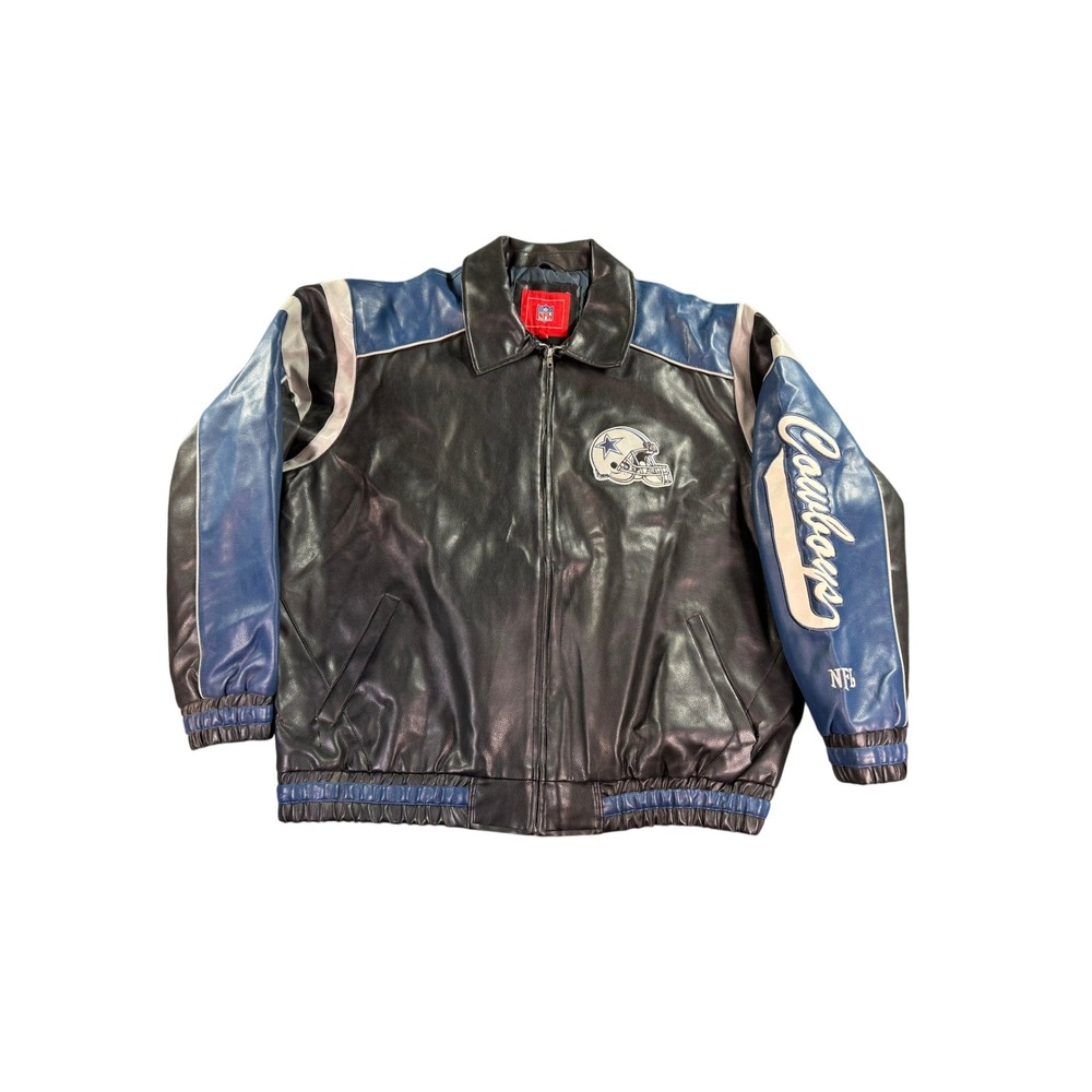 NFL Dallas Cowboys Jacket Mens XXL Black Blue Leather Embroidered Bomber‎ Zip